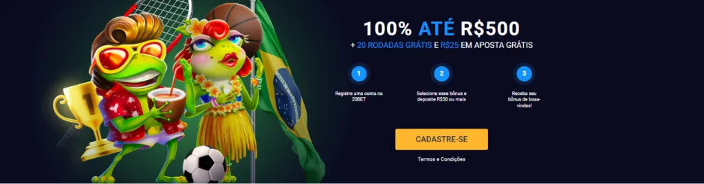 Banner com personagens de sapos e elementos do futebol, anunciando '100% ATÉ R$500 + 20 RODADAS GRÁTIS' para novos usuários com um botão de cadastro