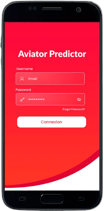 Celular com inscrição Aviator preditor e duas linhas de nome de usuário, senha e botão de confirmação