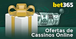 Logotipo da bet365 com slot machine e caixa de presente e inscrição: Ofertas de cassinos online