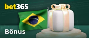 Logotipo da bet365 com bandeira do Brasil e caixa de presente e inscrição: bônus