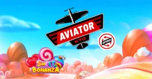Fundo de ovos rosa com logotipos do jogo de aviator, KTO, Sweet bonanza