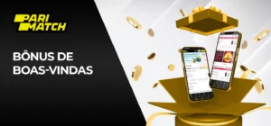 Banner de bônus de boas-vindas do PariMatch com moedas de ouro e dois smartphones exibindo a interface do aplicativo